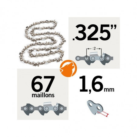 Chaîne tronçonneuse 325" - 1,6 mm - 67 maillons semi carrée