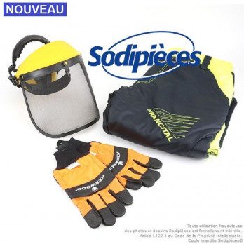 Kit de protection : pantalon  forestier + gants + casque écran visière grillagée